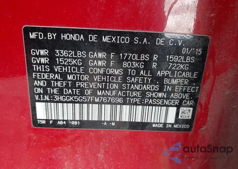 2015 Honda Fit Lx z USA, uszkodzony, nr VIN 3HGGK5G57FM767696